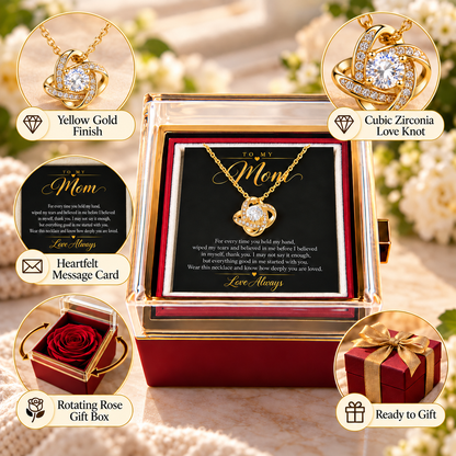 To My Mom Love Knot necklace in Rotating Rose Box, Yellow Gold Finish - features