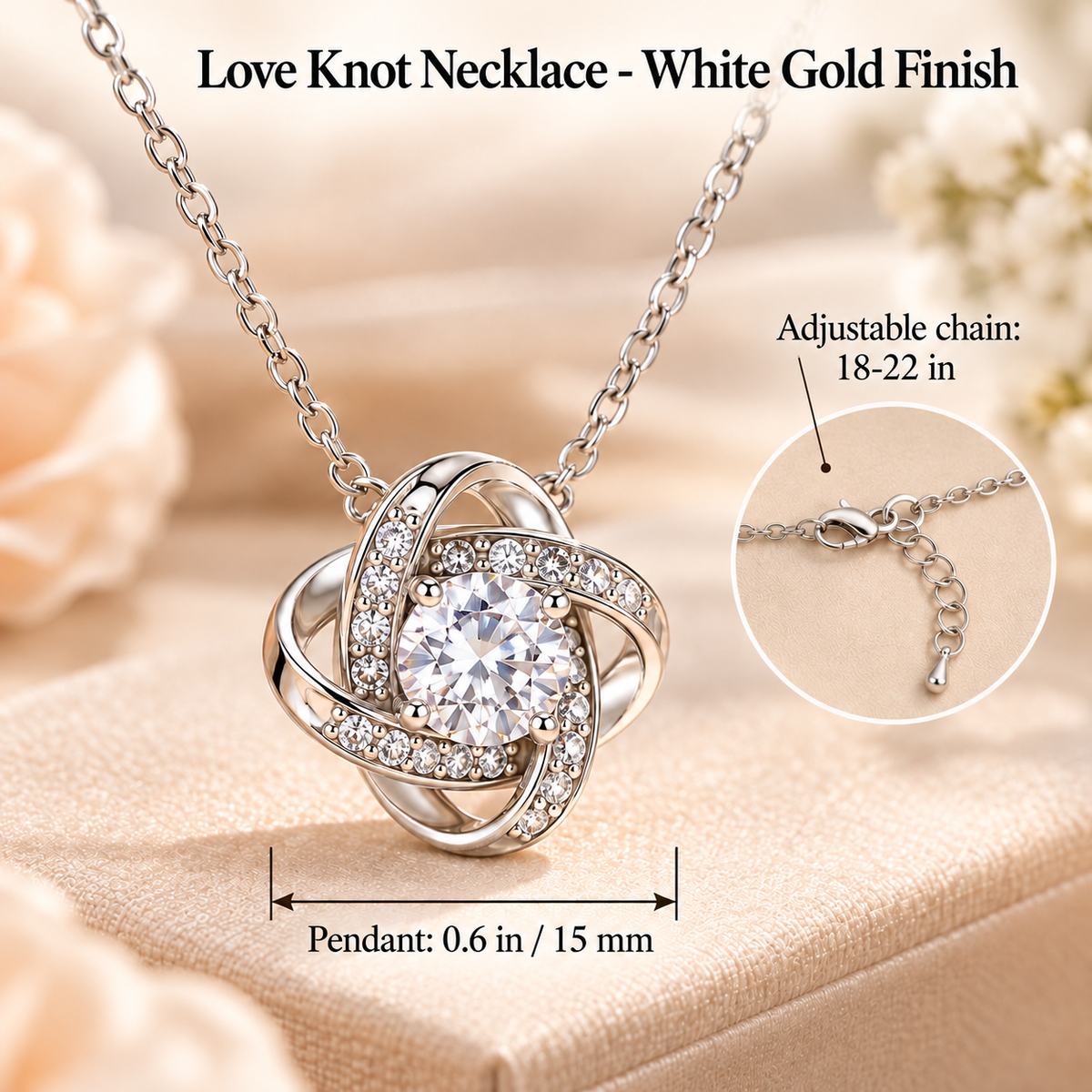 To My Daughter Love Knot necklace in Heart Rose Box, White Gold Finish - close-up with size chart