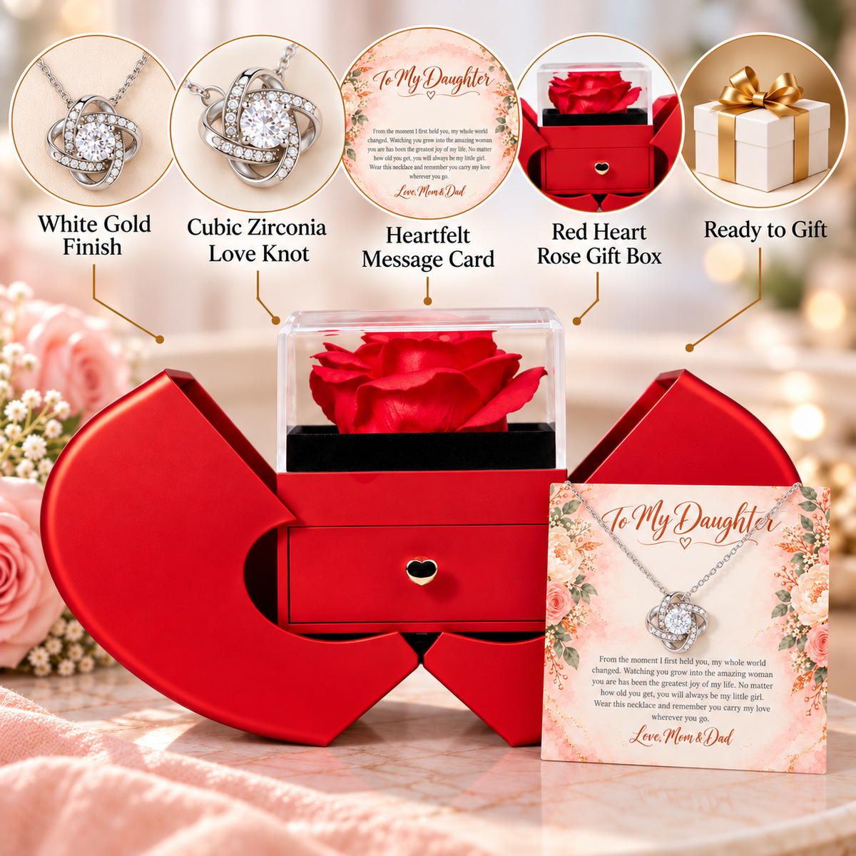 To My Daughter Love Knot necklace in Heart Rose Box, White Gold Finish - features