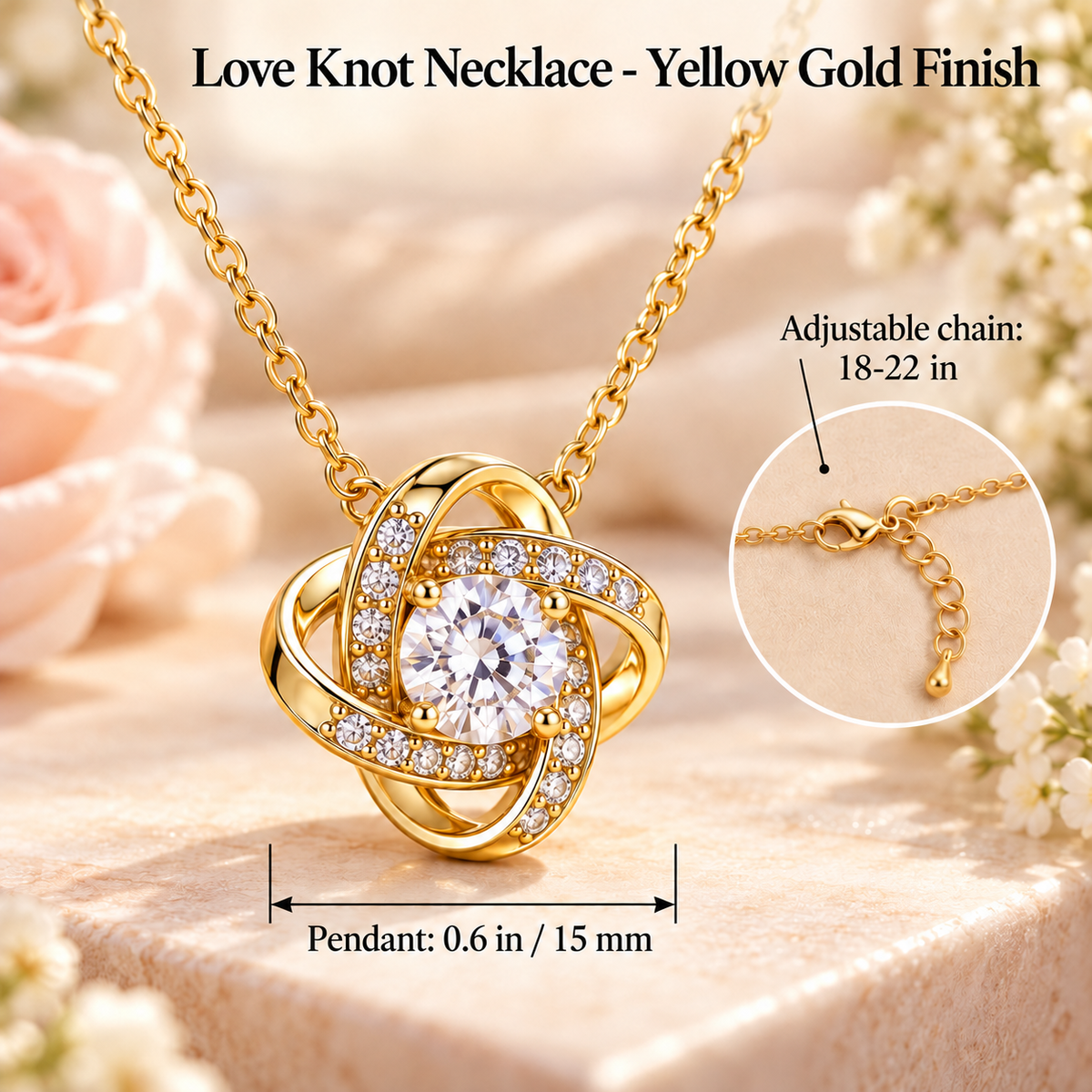 To My Daughter Love Knot necklace in Heart Rose Box, Yellow Gold Finish - close-up with size chart