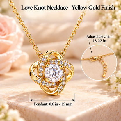 To My Daughter Love Knot necklace in Heart Rose Box, Yellow Gold Finish - close-up with size chart
