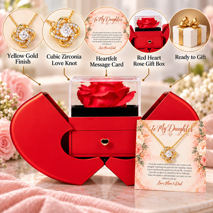 To My Daughter Love Knot necklace in Heart Rose Box, Yellow Gold Finish - features