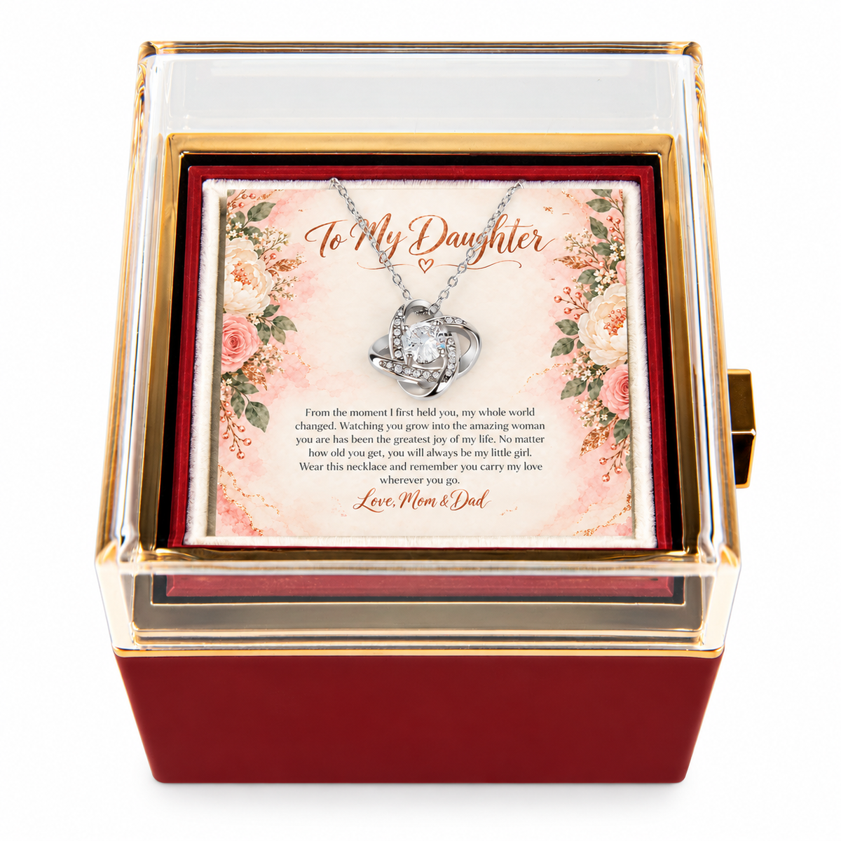 To My Daughter Love Knot necklace in Rotating Rose Box, White Gold Finish - main