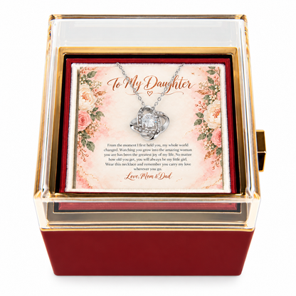 To My Daughter Love Knot necklace in Rotating Rose Box, White Gold Finish - main