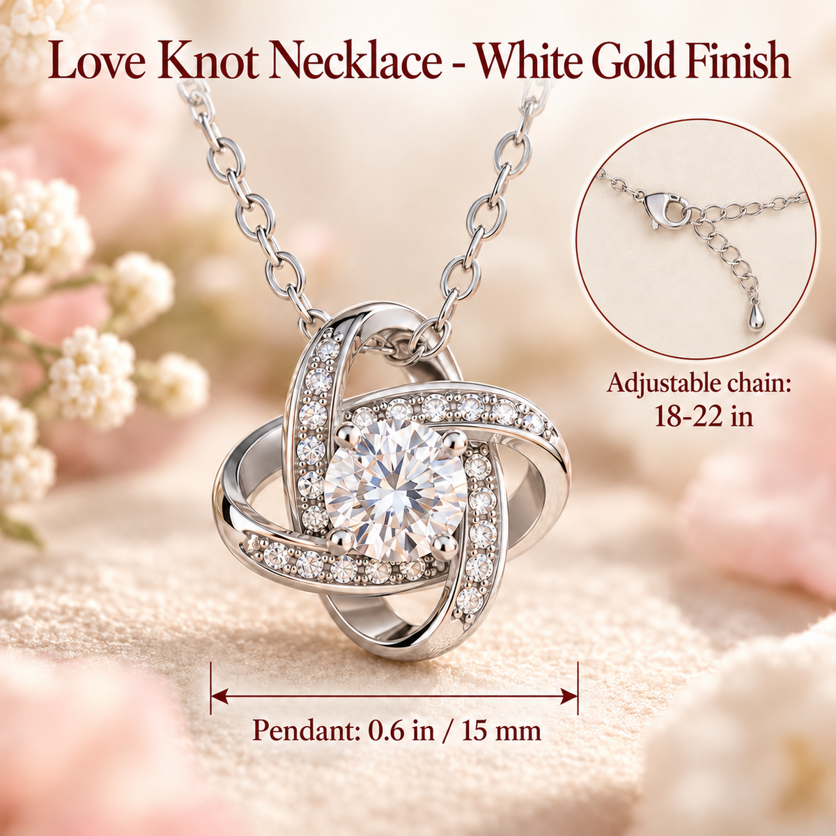 To My Daughter Love Knot necklace in Rotating Rose Box, White Gold Finish - close-up with size chart