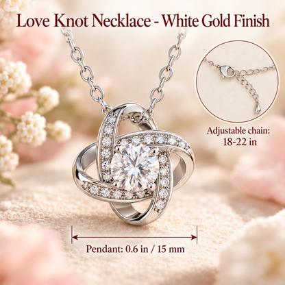To My Daughter Love Knot necklace in Rotating Rose Box, White Gold Finish - close-up with size chart