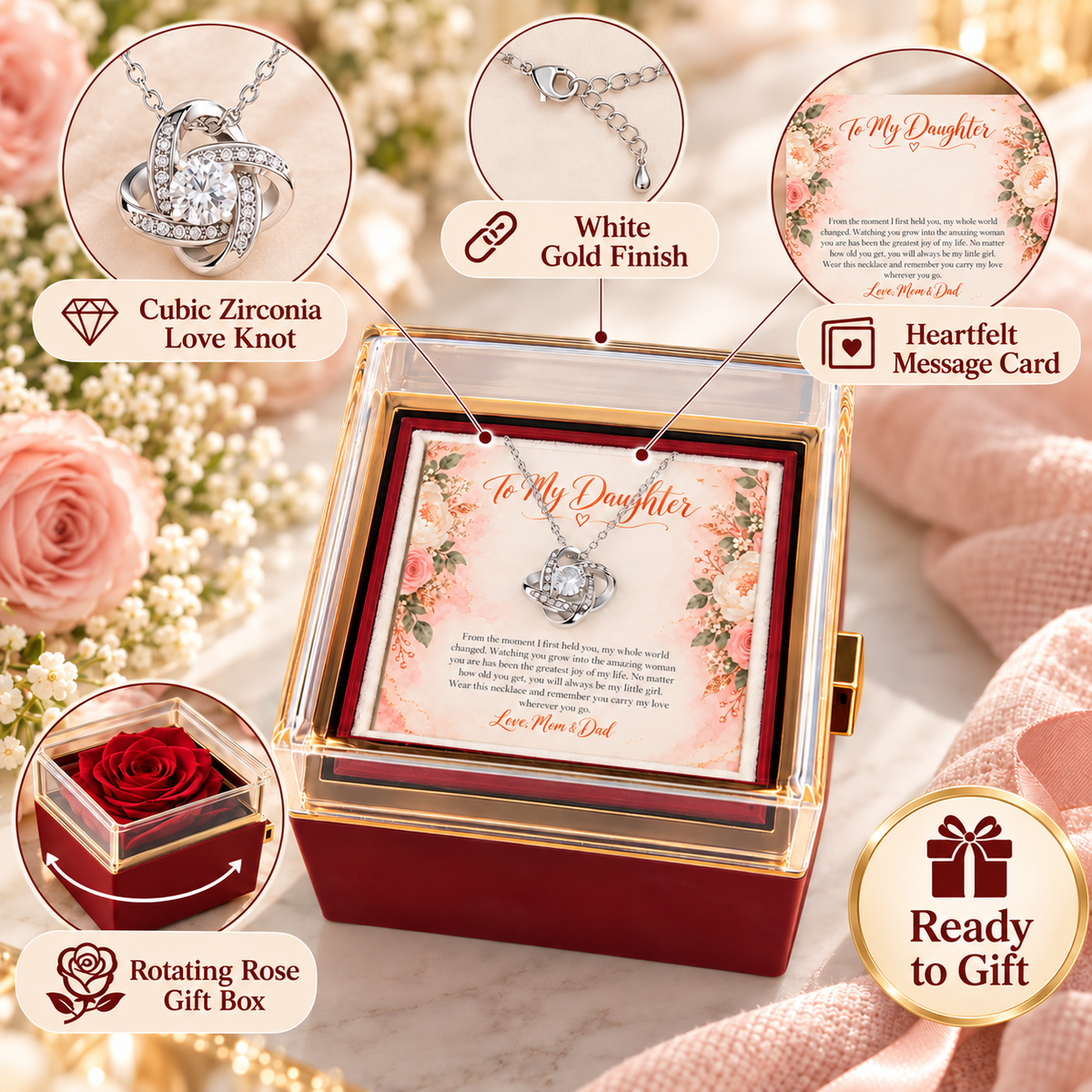 To My Daughter Love Knot necklace in Rotating Rose Box, White Gold Finish - features