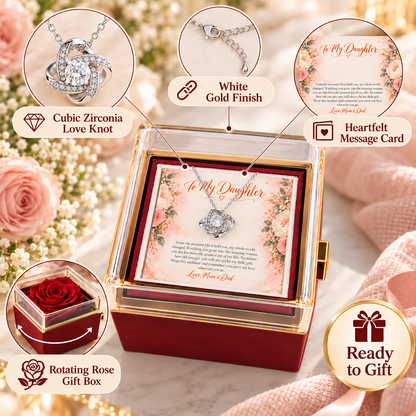 To My Daughter Love Knot necklace in Rotating Rose Box, White Gold Finish - features