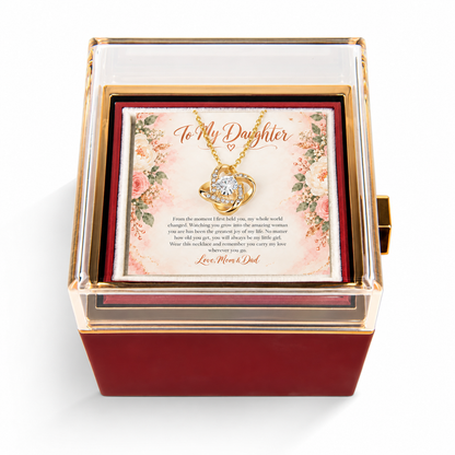 To My Daughter Love Knot necklace in Rotating Rose Box, Yellow Gold Finish - main