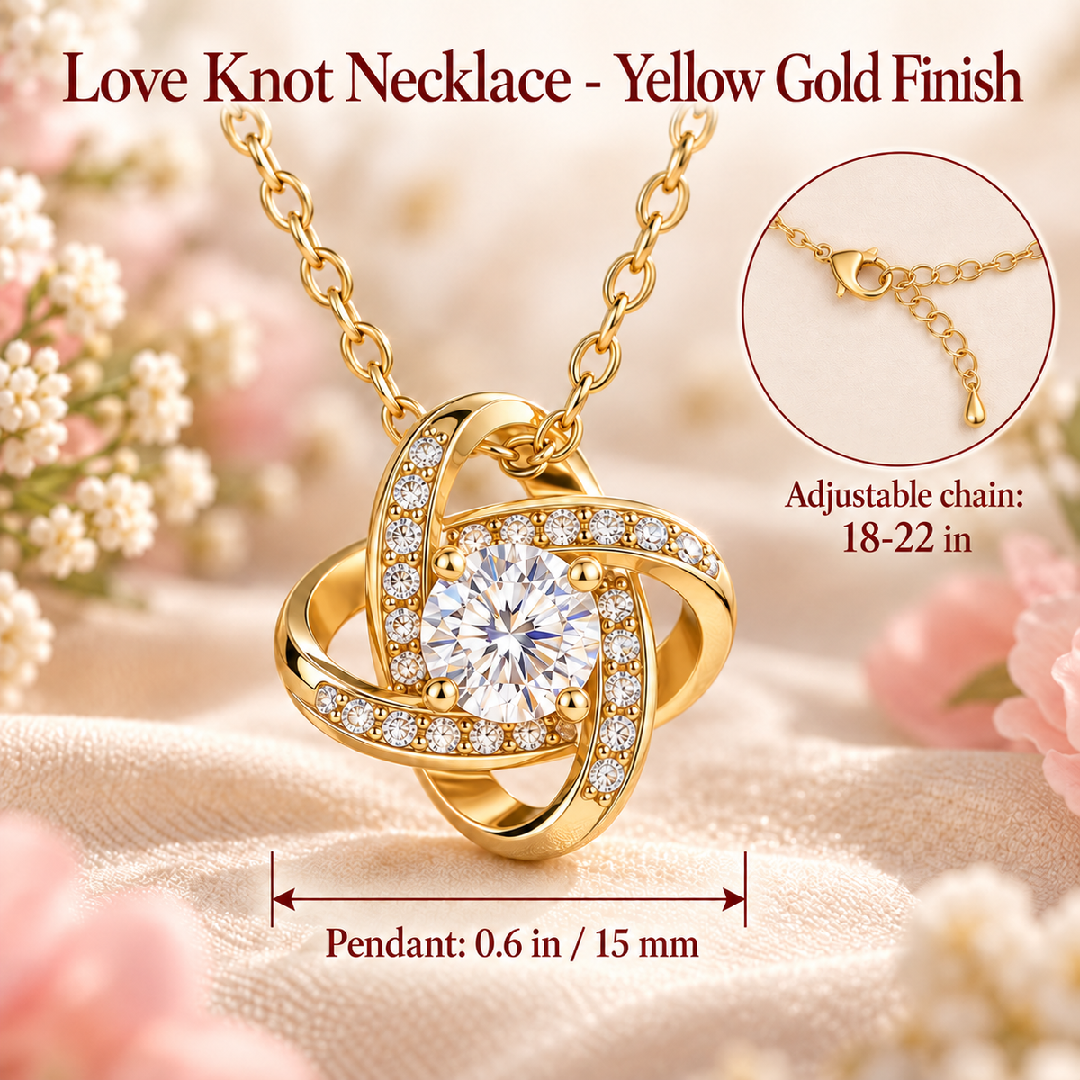 To My Daughter Love Knot necklace in Rotating Rose Box, Yellow Gold Finish - close-up with size chart
