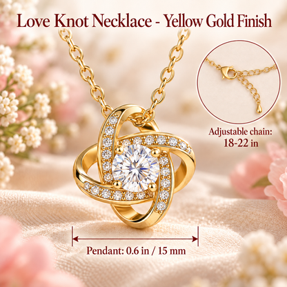 To My Daughter Love Knot necklace in Rotating Rose Box, Yellow Gold Finish - close-up with size chart