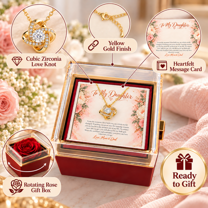 To My Daughter Love Knot necklace in Rotating Rose Box, Yellow Gold Finish - features