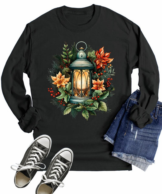 Winter Floral Lantern Cute Womens Christmas Long Sleeve Shirt