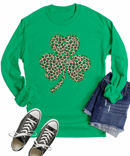 Leopard Print Shamrock St Patricks Day Shirt Women Long Sleeve Graphic Tees