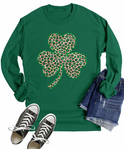 Leopard Print Shamrock St Patricks Day Shirt Women Long Sleeve Graphic Tees