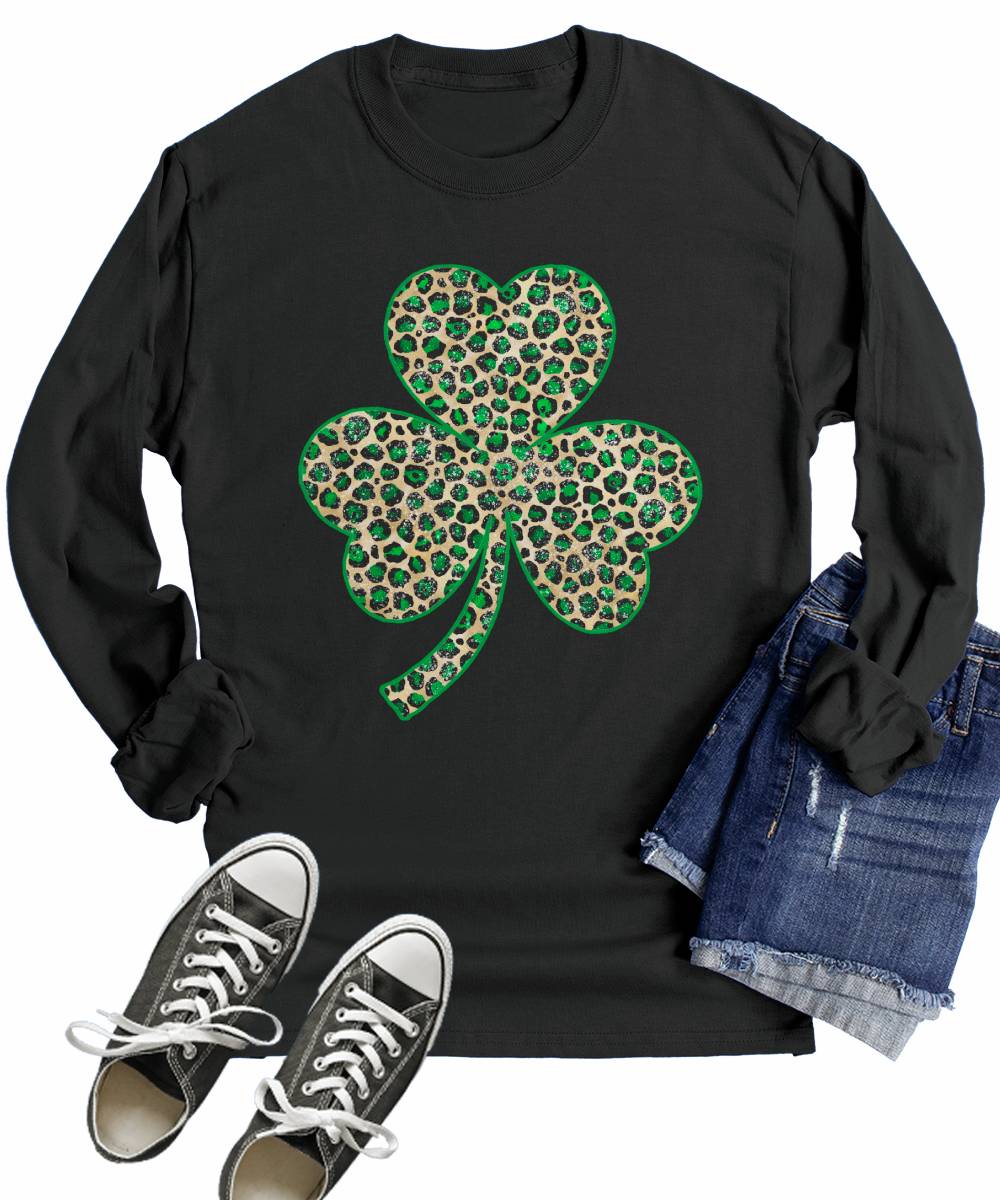 Leopard Print Shamrock St Patricks Day Shirt Women Long Sleeve Graphic Tees