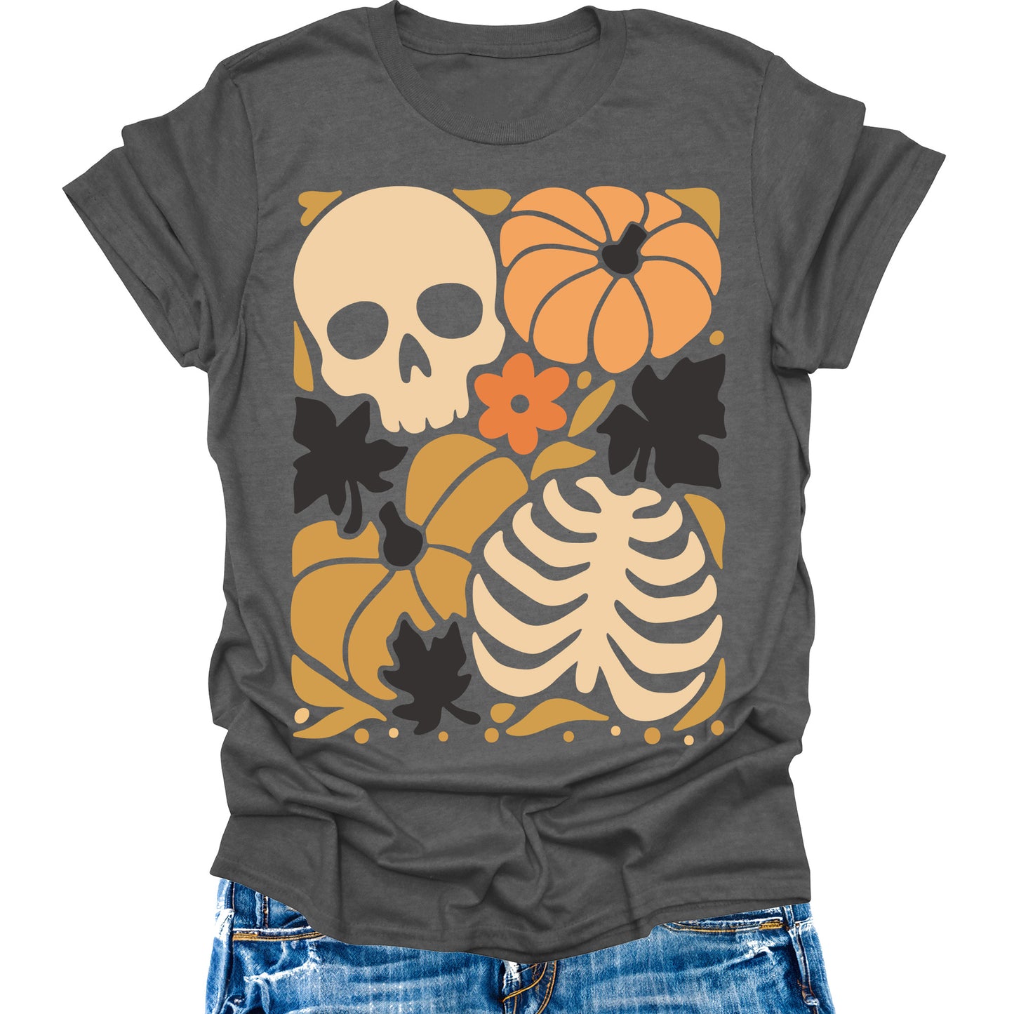 Skeleton Pumpkin Shirt Womens Halloween Boho Fall T-Shirts Cute Vintage Graphic Tees Thanksgiving Tops