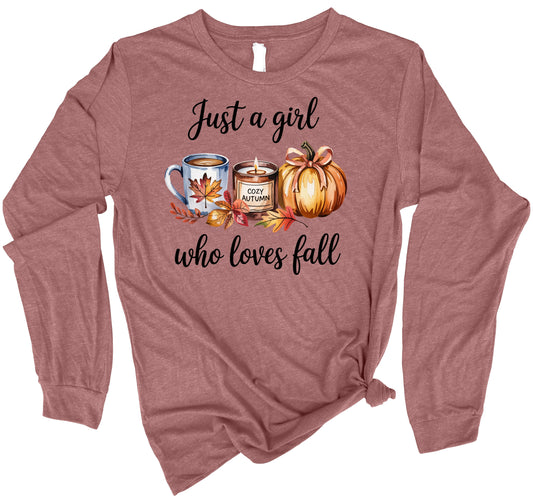 Women's Just A Girl Who Loves Fall Long Sleeve Graphic Tees
