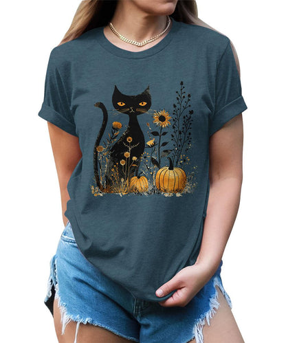 Cat Pumpkin Shirt Boho Halloween Short Sleeve Fall Plus Size Tops For Women