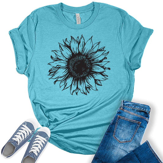 Women's T Shirts Short Sleeve Tees Sunflower Graphic Loose Summer Tops