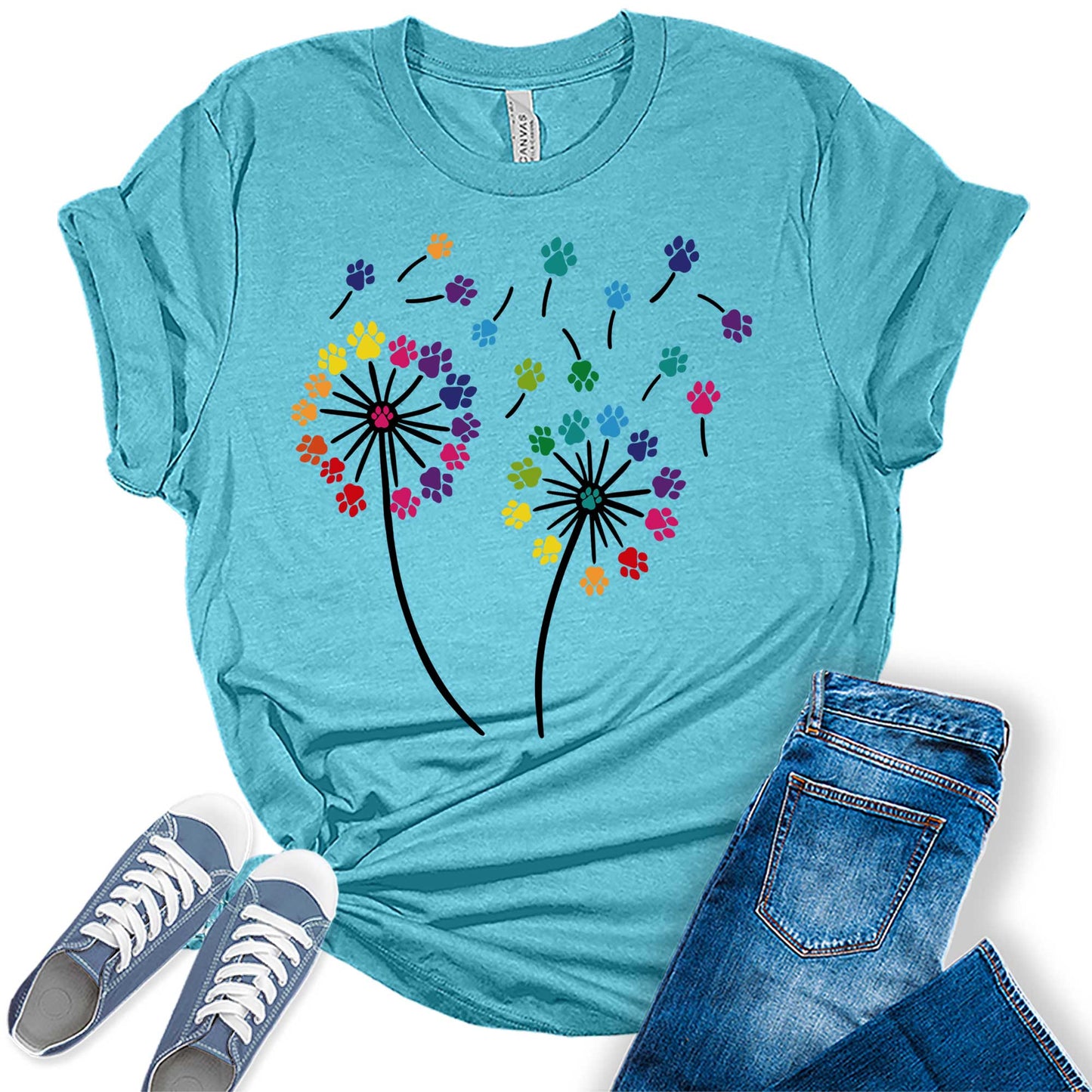 Women's Dandelion Graphic T-Shirts Loose Fit Cute Flower Paw Print Casual Tee Tops