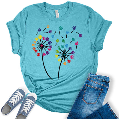 Women's Dandelion Graphic T-Shirts Loose Fit Cute Flower Paw Print Casual Tee Tops