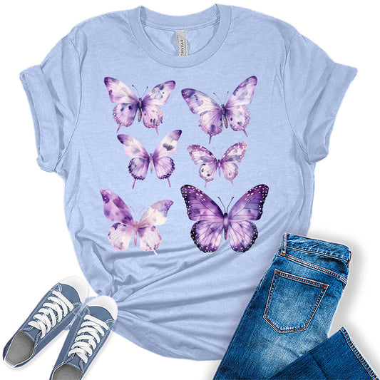 Purple Butterfly Shirt Trendy Boho Graphic Tees for Women Plus Size Summer Tops