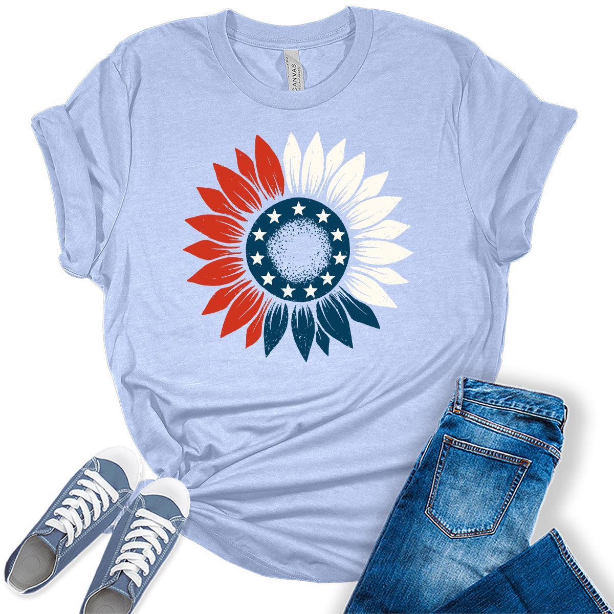 4th of July Shirts For Women Patriotic Graphic Tees Sunflower Bella Plus Sized Tops