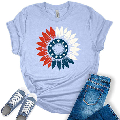 4th of July Shirts For Women Patriotic Graphic Tees Sunflower Bella Plus Sized Tops