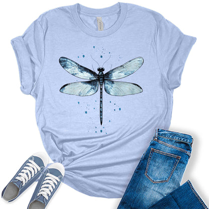 Women's Graphic Tees Casual Summer Vintage Dragonfly Printed Short Sleeve Cute T Shirts Tops