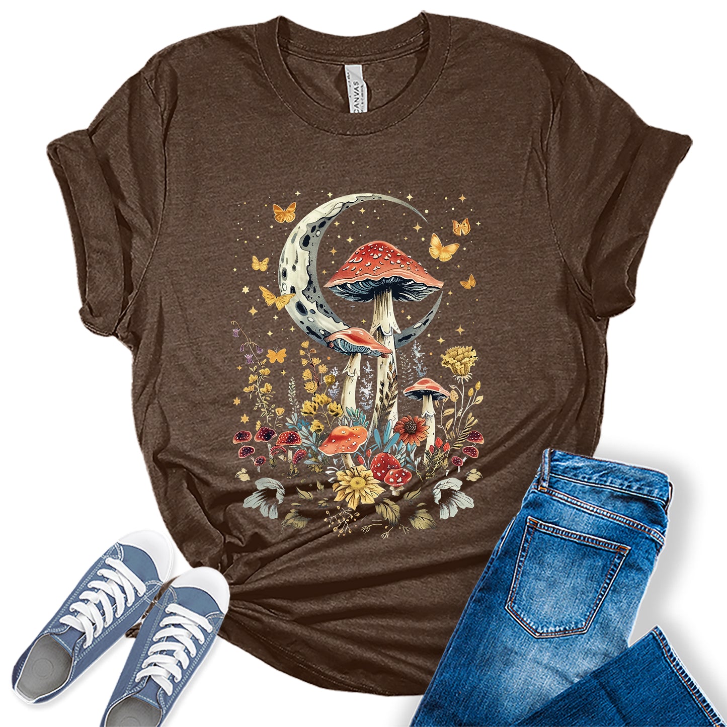 Women's Fall Mushroom Shirts Floral Boho Moon Graphic Tees Autumn Plus Size Tops