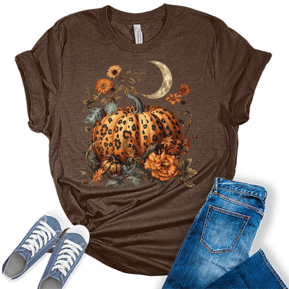 Women's Fall Leopard Print Pumpkin T Shirt Halloween Graphic Tees Plus Size Tops