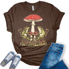 Cottagecore Shirt Frogs Having Tea Mushroom T Shirt Aesthetic Graphic Tees for Women
