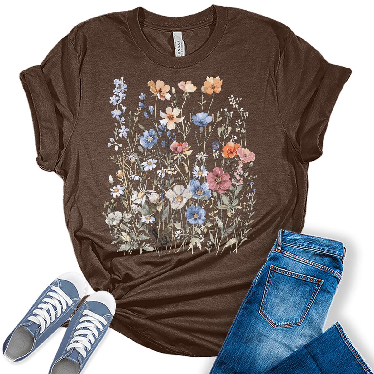 Women's Vintage Floral T Shirt Boho Wildflower Graphic Short Sleeve Tops