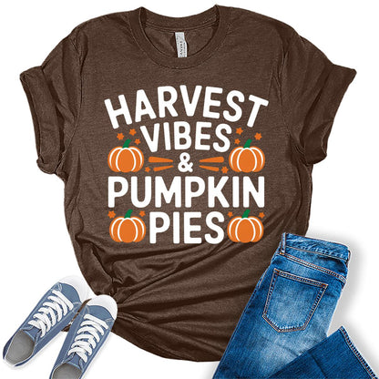 Women's Harvest Vibes Pumpkin Shirt Vintage Thanksgiving Graphic Tees Fall Tops