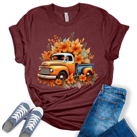 Womens Fall Floral Vintage Retro Truck Graphic Tees