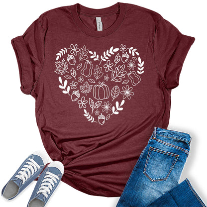 Fall Heart T-Shirt for Women Family Halloween Thanksgiving Tops Cute Autumn Pumpkin Graphic Tees