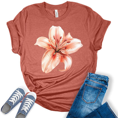Women's Lily T-Shirt Cute Floral Trendy Graphic Tees Short Sleeve Casual Summer Tops