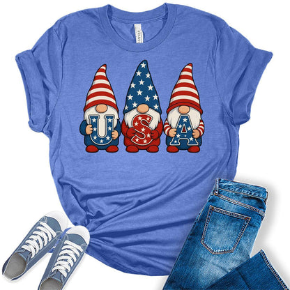 4th of July Shirts For Women Patriotic Graphic Tees USA Gnomes Bella Plus Sized Tops