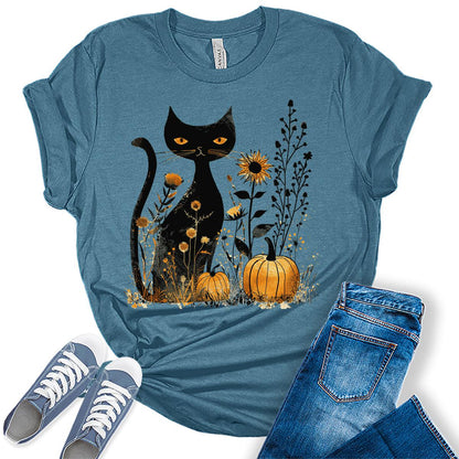 Cat Pumpkin Shirt Boho Halloween Short Sleeve Fall Plus Size Tops For Women