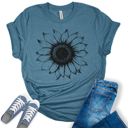 Women's Sunflower T Shirts Short Sleeve Tees Graphic Loose Summer Tops