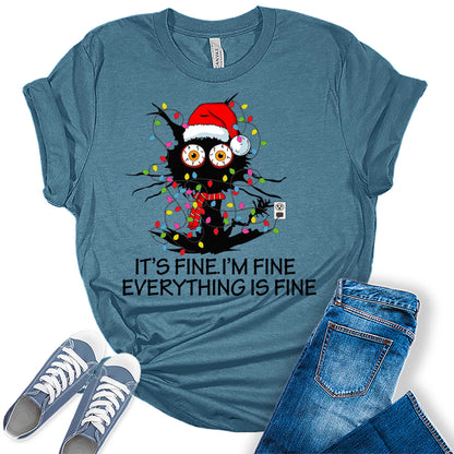 Women's Funny Christmas Shirt It's Fine I'm Fine Everything is Fine T Shirt Christmas Cat Holiday Graphic Tees