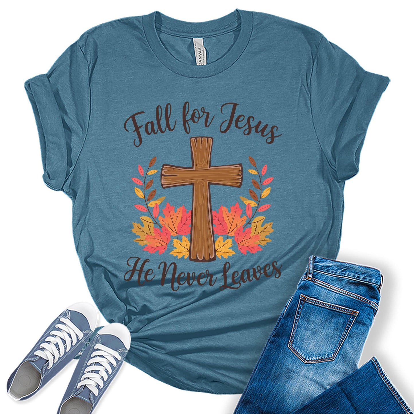 Womens Fall for Jesus Christians Cross Graphic Tees