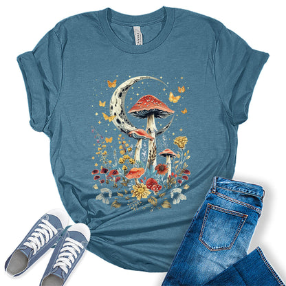 Women's Fall Mushroom Shirts Floral Boho Moon Graphic Tees Autumn Plus Size Tops