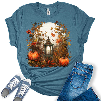 Moon Lantern Fall Floral Pumpkin Graphic Tees for Women