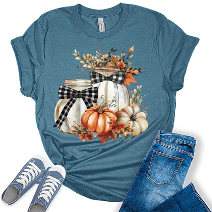 Women's Fall Pumpkin Shirt Floral Plaid Halloween Graphic Tees Plus Size Tops