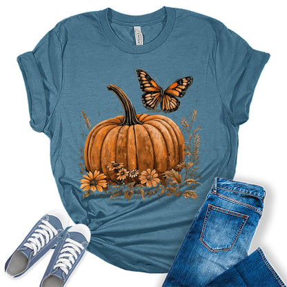 Womens Fall Pumpkin Butterfly Thanksgiving Graphic Tees