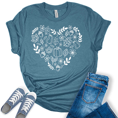 Fall Heart T-Shirt for Women Family Halloween Thanksgiving Tops Cute Autumn Pumpkin Graphic Tees