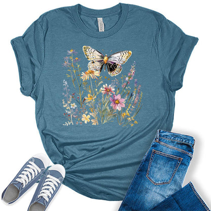 Women's Vintage Floral T Shirt Boho Wildflower Butterfly Graphic Plus Size Bella Tees Short Sleeve Casual Tops