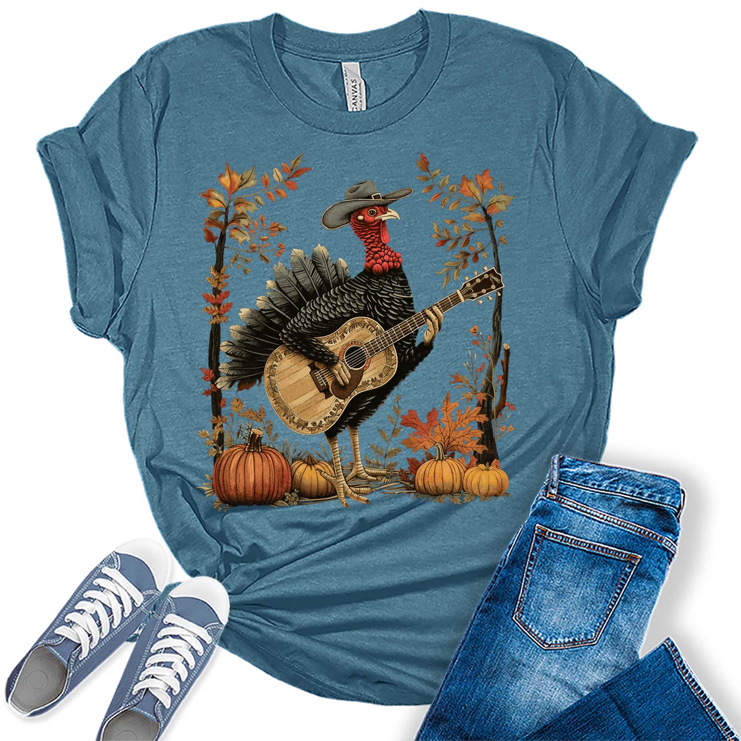 Turkey Playing Guitar Shirt Women Thanksgiving Graphic Tees